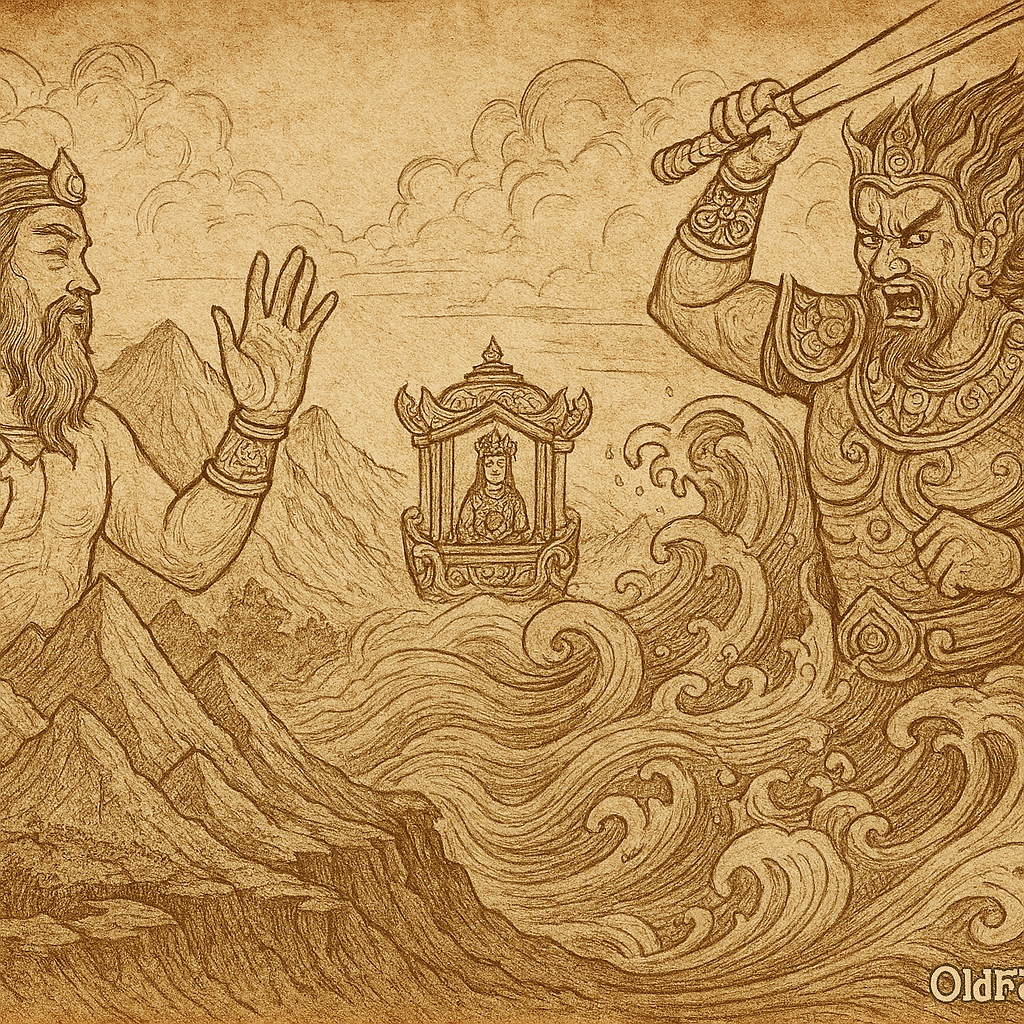 Sepia-toned parchment-style illustration depicting the Vietnamese legend of Sơn Tinh and Thủy Tinh. On the left, Sơn Tinh, the Mountain God, stands atop jagged peaks with arms raised, commanding the earth. On the right, Thủy Tinh, the Sea God, emerges from crashing waves, wielding a curved sword and roaring in fury. Between them, Princess Mỵ Nương sits calmly inside an ornate palanquin, carried away from the conflict. The background features swirling clouds, rising mountains, and turbulent seas. “OldFolktales.com” is inscribed at the bottom right corner