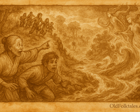 Illustration of Brunei folktale about Sungai Temburong river creation, showing Nenek Rashidah warning villagers of water spirits’ wrath during a drought, Jalil breaking sacred forest taboos, and the supernatural flood carving the Temburong River. Traditional rainforest setting, villagers seeking high ground, and spirits reshaping the land emphasize themes of respect for nature and cultural heritage.