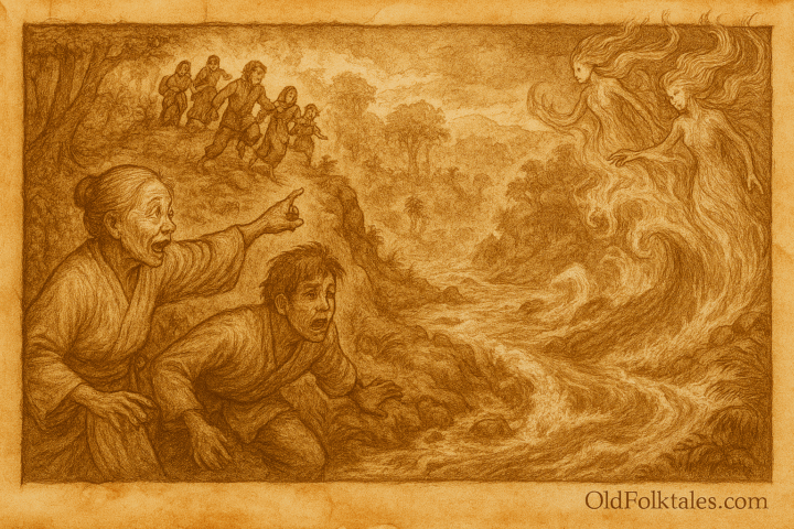 Illustration of Brunei folktale about Sungai Temburong river creation, showing Nenek Rashidah warning villagers of water spirits’ wrath during a drought, Jalil breaking sacred forest taboos, and the supernatural flood carving the Temburong River. Traditional rainforest setting, villagers seeking high ground, and spirits reshaping the land emphasize themes of respect for nature and cultural heritage.