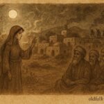 Parchment-style illustration of Susambil warning villagers, Uzbek folktale scene.