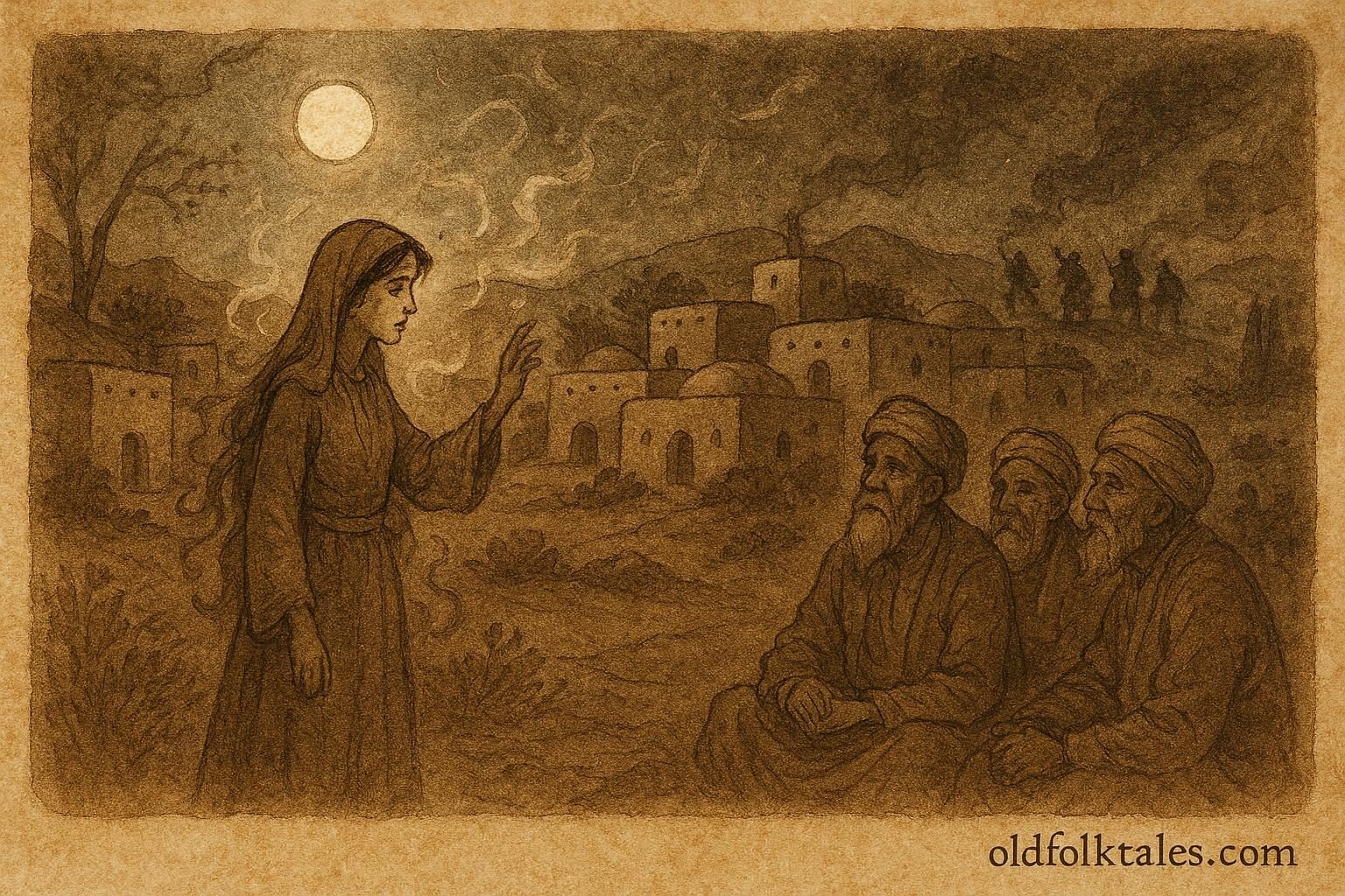 Parchment-style illustration of Susambil warning villagers, Uzbek folktale scene.