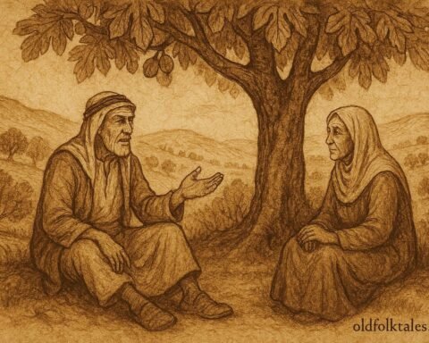 Parchment-style artwork of a Palestinian man telling his story under a fig tree to an elderly listener.