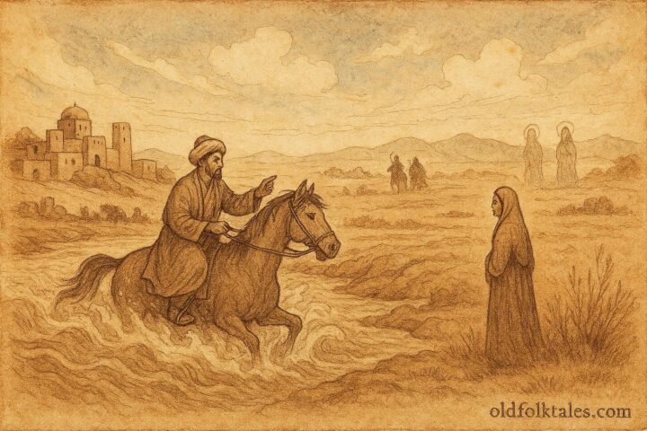 Parchment-style artwork of Tahir’s trials for Zehra, Uzbek folktale scene.