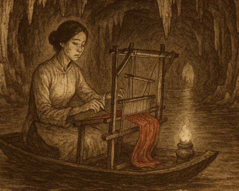 Sepia-toned parchment illustration of the Vietnamese legend The Weaver of Tam Coc. Inside a flooded limestone cave, a spectral woman dressed in a traditional áo dài sits on a small wooden boat, weaving glowing red silk on a floating loom. Her expression is solemn and focused as her hands move swiftly across the threads. Stalactites hang from the cave ceiling, and mist rises from the dark waters of the Ngo Dong River. A lantern glows beside her, casting soft reflections on the rippling surface. “OldFolktales.com” is inscribed at the bottom right.