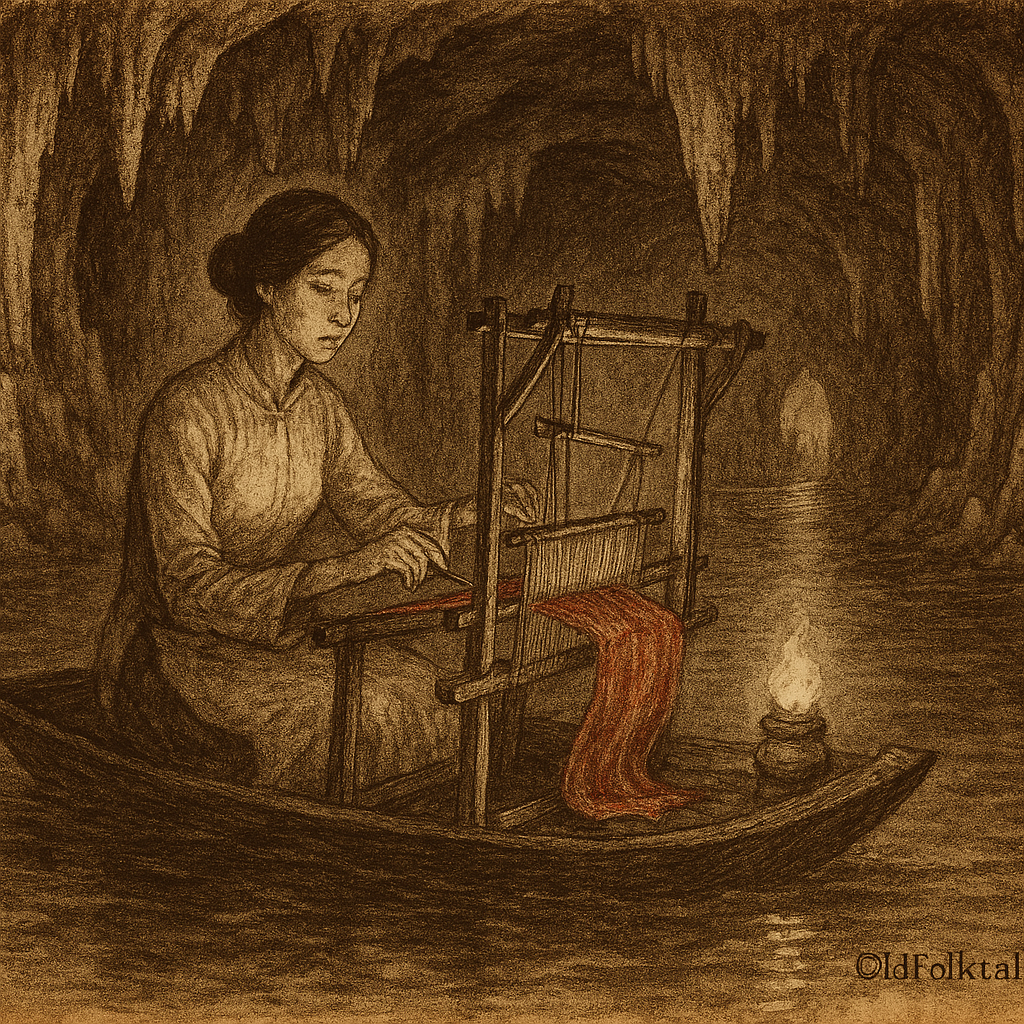 Sepia-toned parchment illustration of the Vietnamese legend The Weaver of Tam Coc. Inside a flooded limestone cave, a spectral woman dressed in a traditional áo dài sits on a small wooden boat, weaving glowing red silk on a floating loom. Her expression is solemn and focused as her hands move swiftly across the threads. Stalactites hang from the cave ceiling, and mist rises from the dark waters of the Ngo Dong River. A lantern glows beside her, casting soft reflections on the rippling surface. “OldFolktales.com” is inscribed at the bottom right.