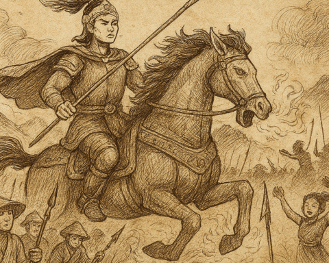 Sepia-toned parchment illustration of Thánh Gióng, Vietnam’s legendary giant warrior, charging into battle atop a fire-breathing iron horse. Clad in ornate armor and wielding a spear, he leads a group of determined Vietnamese soldiers against shadowy invaders in a smoky battlefield. Mountains and swirling clouds frame the dramatic scene, evoking themes of divine strength, patriotism, and heroic transformation. “OldFolktales.com” is inscribed at the bottom right.