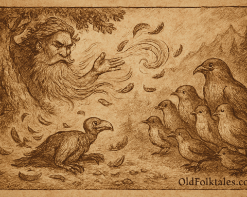 Sepia-toned parchment illustration of the Bruneian folktale 'Burung Tiong Bercukur': a forest spirit emerges from an ancient tree, casting a magical wind that strips feathers from a distressed gracula bird. Surrounding the bird, eight forest birds including jungle fowl, hornbill, and sunbirds watch with compassion. The rainforest backdrop features misty dipterocarp trees and distant mountains. 'OldFolktales.com' is inscribed in the bottom right corner.