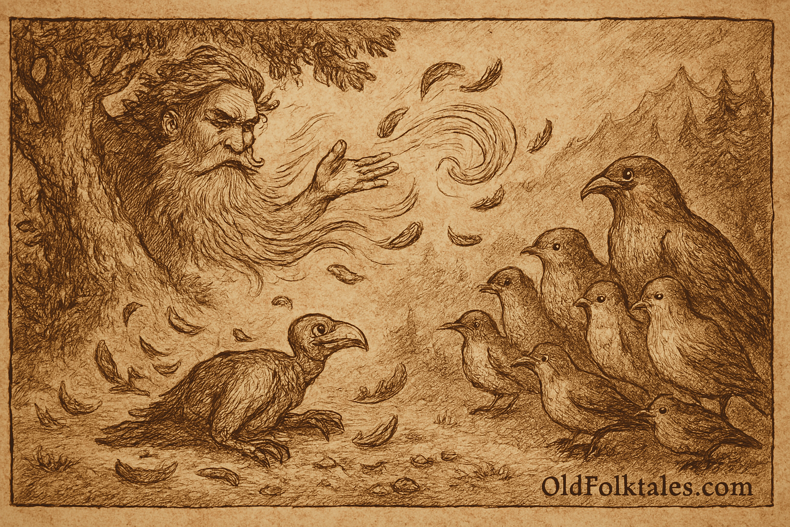 Sepia-toned parchment illustration of the Bruneian folktale 'Burung Tiong Bercukur': a forest spirit emerges from an ancient tree, casting a magical wind that strips feathers from a distressed gracula bird. Surrounding the bird, eight forest birds including jungle fowl, hornbill, and sunbirds watch with compassion. The rainforest backdrop features misty dipterocarp trees and distant mountains. 'OldFolktales.com' is inscribed in the bottom right corner.