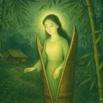 A radiant girl emerging from a bamboo stalk in a Vietnamese forest, symbolizing purity and blessing.