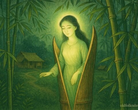 A radiant girl emerging from a bamboo stalk in a Vietnamese forest, symbolizing purity and blessing.