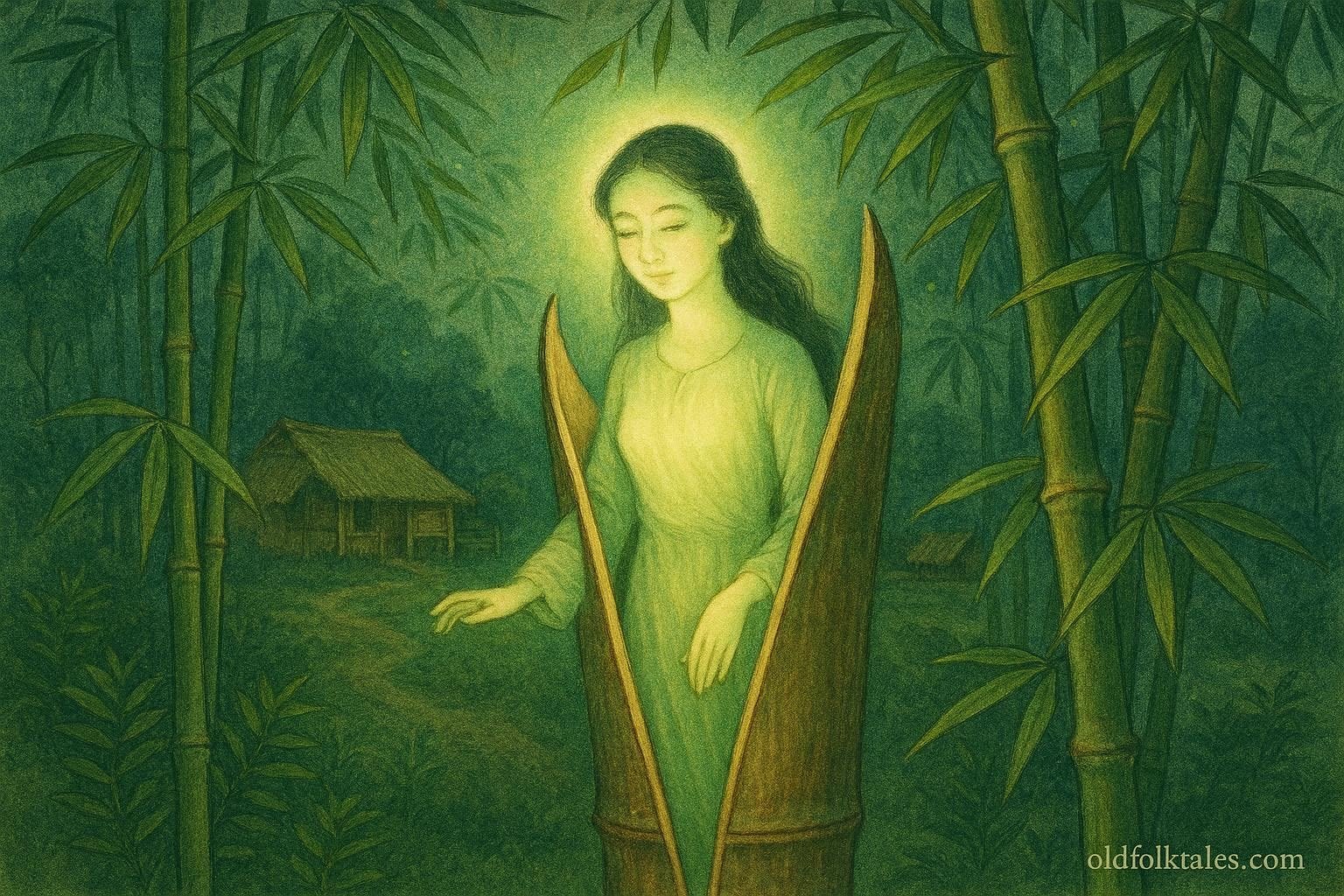 A radiant girl emerging from a bamboo stalk in a Vietnamese forest, symbolizing purity and blessing.