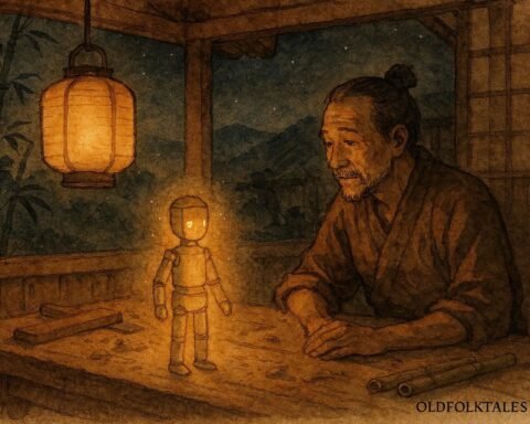 A glowing bamboo figure helping a lonely carpenter in a Nantou workshop.