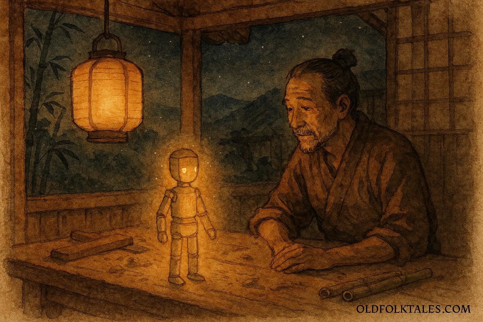 A glowing bamboo figure helping a lonely carpenter in a Nantou workshop.