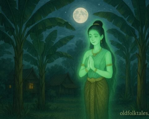A gentle glowing maiden spirit stands among moonlit banana trees in a quiet Thai village.