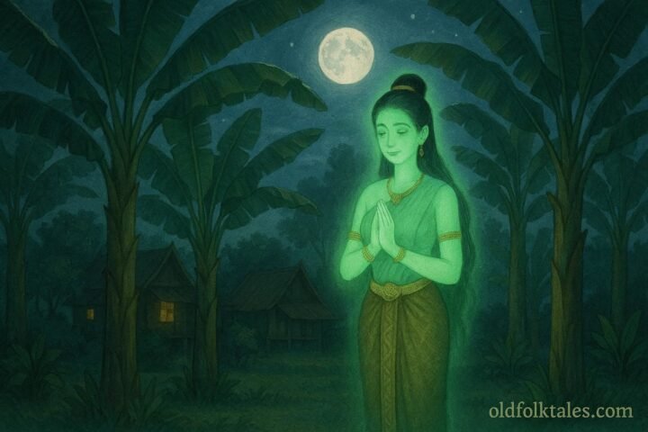 A gentle glowing maiden spirit stands among moonlit banana trees in a quiet Thai village.
