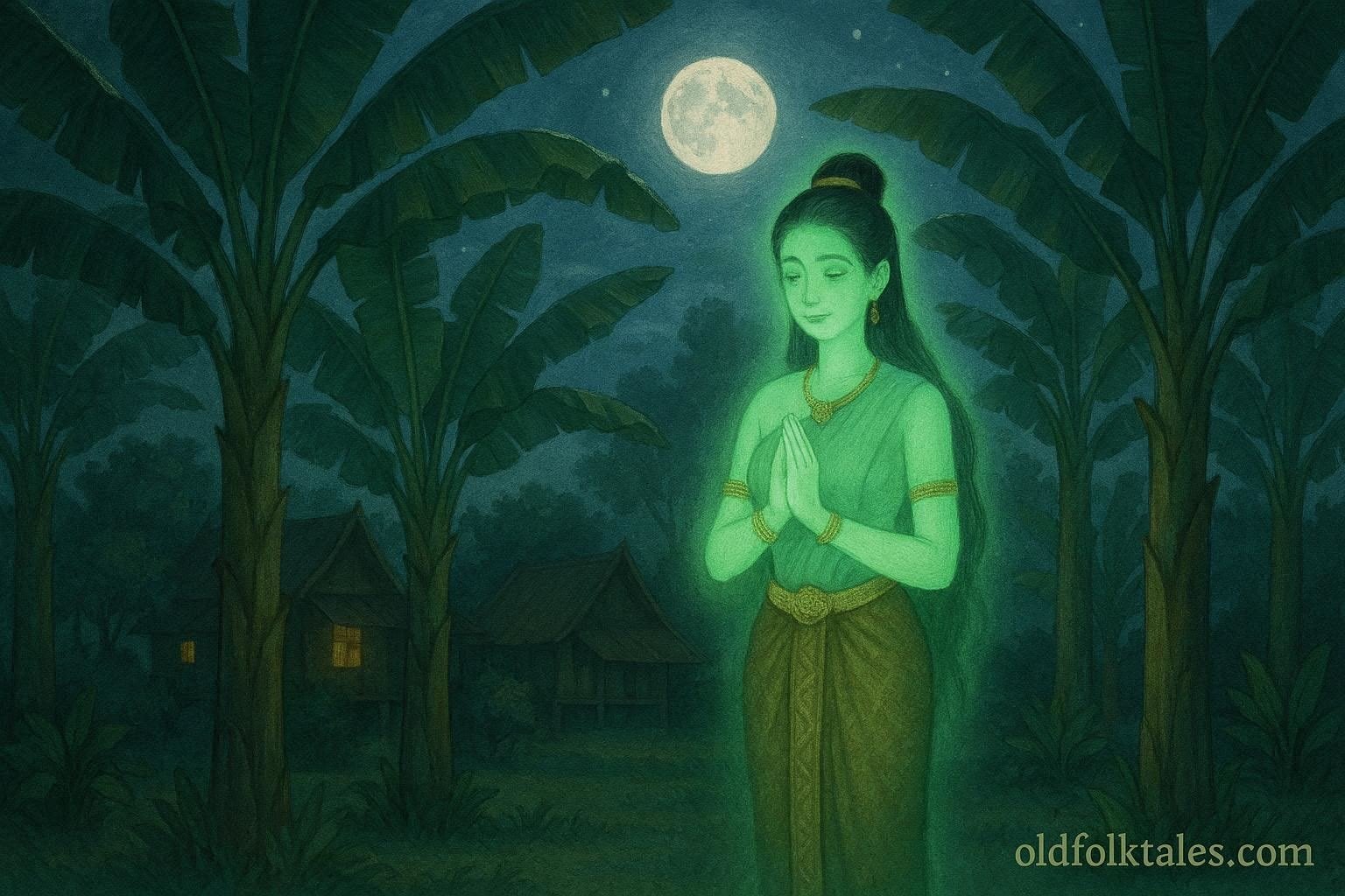 A gentle glowing maiden spirit stands among moonlit banana trees in a quiet Thai village.