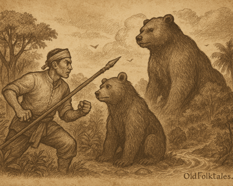Sepia-toned parchment illustration depicting the Malaysian folktale of Bear Hill. In a dense jungle clearing, Haikal, a proud hunter, confronts a massive guardian bear beside a mossy stream. Haikal stands mid-throw with a spear, his expression defiant. The bear gazes back with ancient wisdom and sorrow. As the spear strikes, the earth trembles and Haikal’s legs begin turning to stone. Trees sway, animals flee, and the sky darkens ominously. In the background, a bear-shaped hill rises from the earth, with a faint outline of a man trapped within its rocky form. “OldFolktales.com” is inscribed at the bottom right.