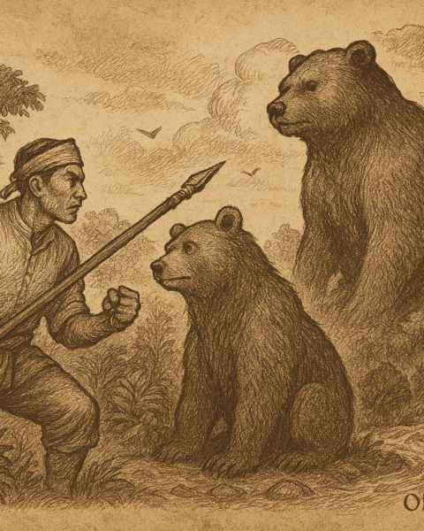 Sepia-toned parchment illustration depicting the Malaysian folktale of Bear Hill. In a dense jungle clearing, Haikal, a proud hunter, confronts a massive guardian bear beside a mossy stream. Haikal stands mid-throw with a spear, his expression defiant. The bear gazes back with ancient wisdom and sorrow. As the spear strikes, the earth trembles and Haikal’s legs begin turning to stone. Trees sway, animals flee, and the sky darkens ominously. In the background, a bear-shaped hill rises from the earth, with a faint outline of a man trapped within its rocky form. “OldFolktales.com” is inscribed at the bottom right.