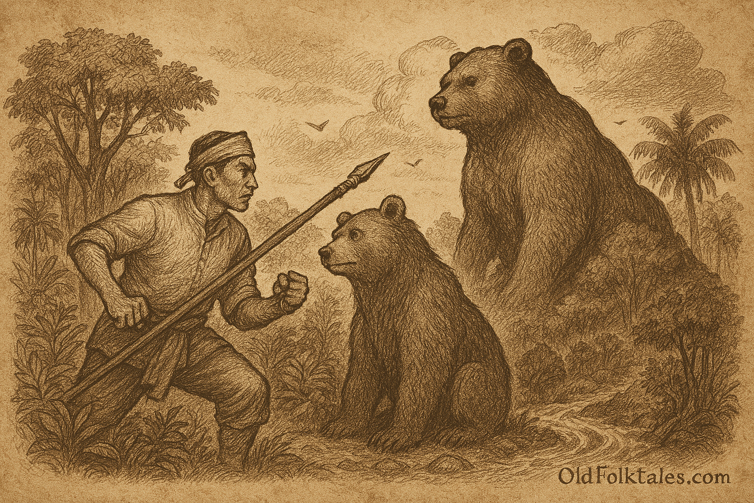 Sepia-toned parchment illustration depicting the Malaysian folktale of Bear Hill. In a dense jungle clearing, Haikal, a proud hunter, confronts a massive guardian bear beside a mossy stream. Haikal stands mid-throw with a spear, his expression defiant. The bear gazes back with ancient wisdom and sorrow. As the spear strikes, the earth trembles and Haikal’s legs begin turning to stone. Trees sway, animals flee, and the sky darkens ominously. In the background, a bear-shaped hill rises from the earth, with a faint outline of a man trapped within its rocky form. “OldFolktales.com” is inscribed at the bottom right.