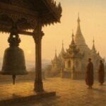 Ancient Burmese temple bell hanging quietly in a monastery courtyard at dawn symbolizing spiritual warning and moral reflection