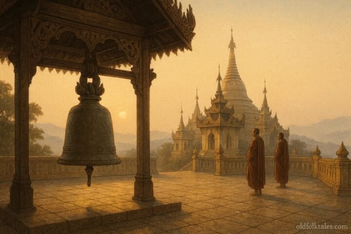 Ancient Burmese temple bell hanging quietly in a monastery courtyard at dawn symbolizing spiritual warning and moral reflection