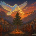 Glowing sacred bird carries Tibetan villagers’ prayers at sunset near a pine tree.