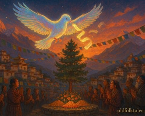 Glowing sacred bird carries Tibetan villagers’ prayers at sunset near a pine tree.