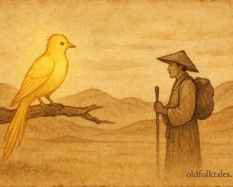 Parchment-style artwork of a golden-feathered bird and humble seeker in a Syrian Arabic folktale.