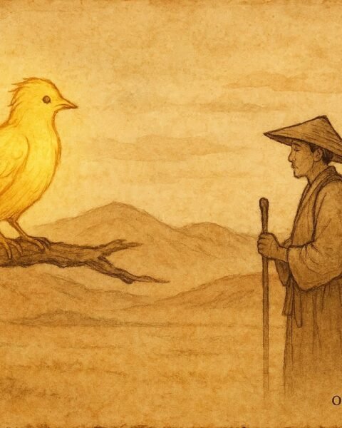 Parchment-style artwork of a golden-feathered bird and humble seeker in a Syrian Arabic folktale.