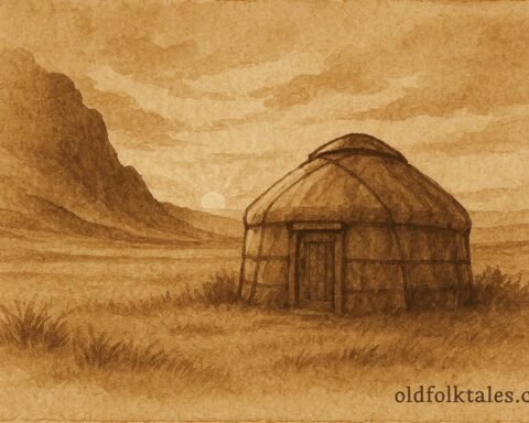 Parchment-style artwork of Gorogly’s secret birth on the Turkmen steppe, Turkmen folktale scene.