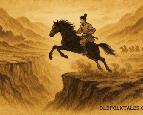 Parchment-style artwork of the black foal carrying the prince across mountains, Afghan folktale scene.