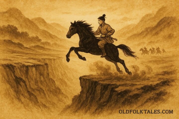 Parchment-style artwork of the black foal carrying the prince across mountains, Afghan folktale scene.