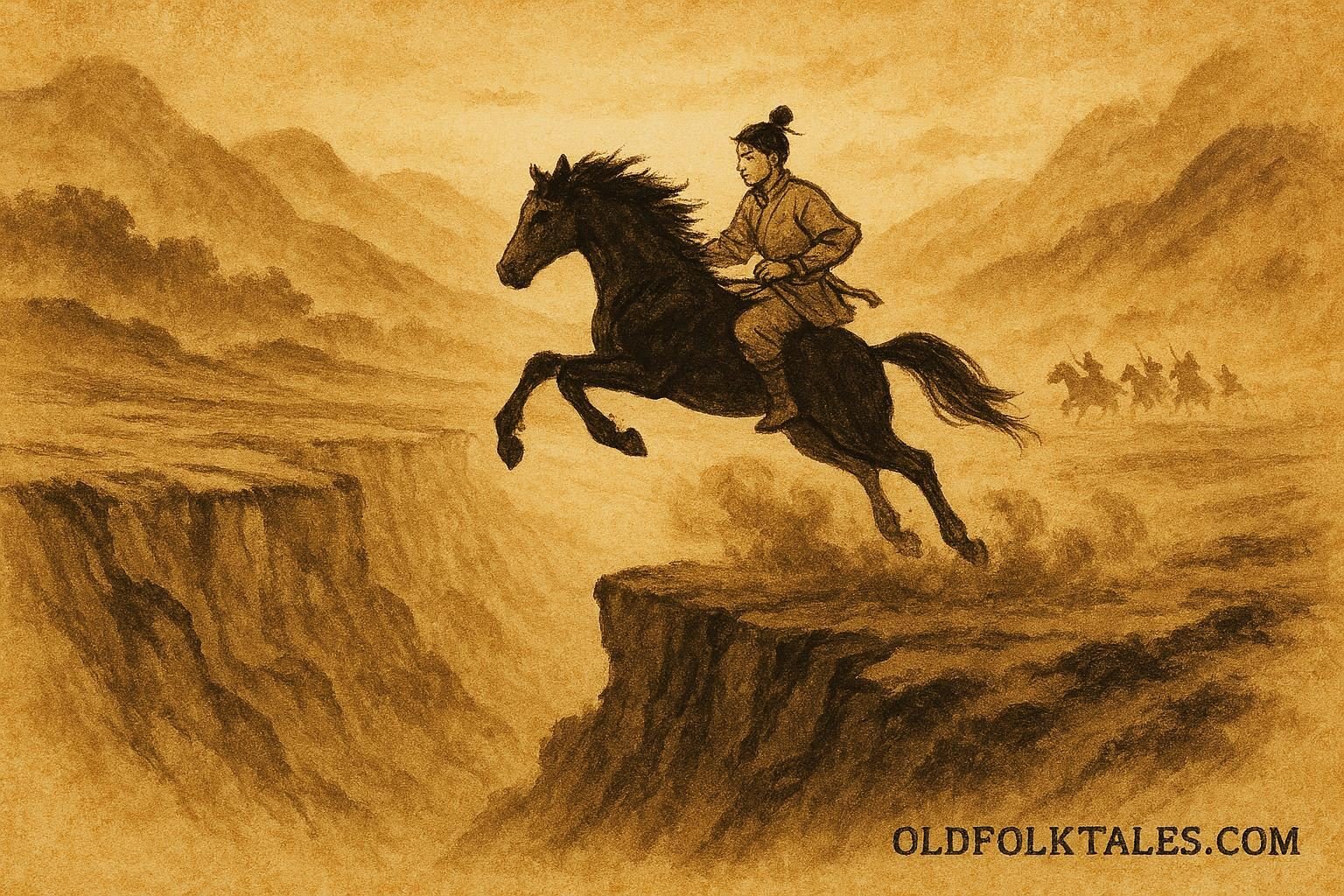 Parchment-style artwork of the black foal carrying the prince across mountains, Afghan folktale scene.