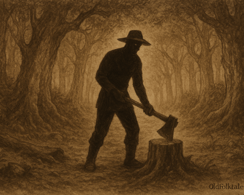 Sepia-toned parchment illustration of the Singaporean legend The Black Woodcutter of Bukit Brown. In the center, a tall, shadowy figure with charcoal-black skin and a wide-brimmed hat stands in a misty forest, mid-swing with a large axe over a tree stump. His features are obscured, blending into the twilight of the dense canopy. Ancient trees with gnarled trunks and sprawling branches surround him, their roots entwined with moss-covered Chinese gravestones. The forest floor is littered with leaves and broken twigs. A faint path leads into the misty distance. “OldFolktales.com” is inscribed at the bottom right.