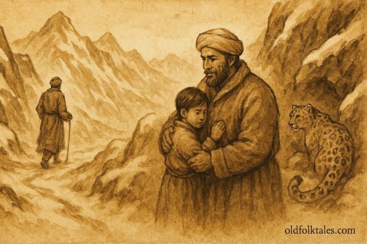 Parchment-style illustration of Wakil sparing Qadir in a snowy Pashtun mountain scene.