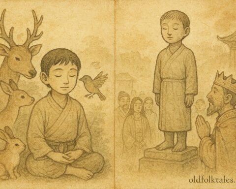 “Parchment-style illustration of a boy hearing animals speak before turning to stone, Yemenite Jewish folktale