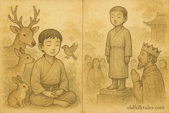 “Parchment-style illustration of a boy hearing animals speak before turning to stone, Yemenite Jewish folktale