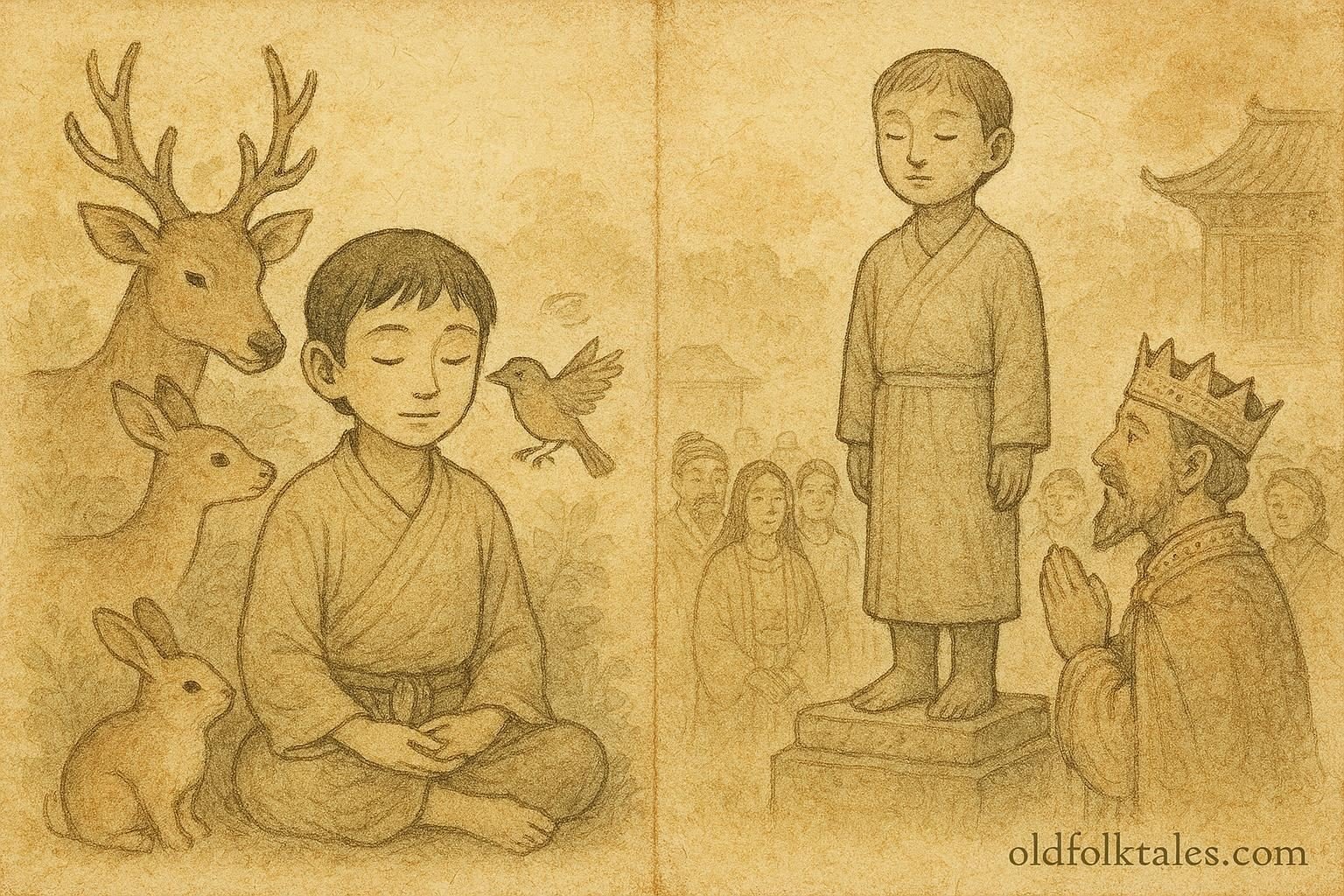 “Parchment-style illustration of a boy hearing animals speak before turning to stone, Yemenite Jewish folktale