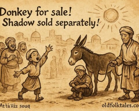 Parchment-style illustration of a Yemeni boy selling a donkey’s shadow in the Ta'izz marketplace.
