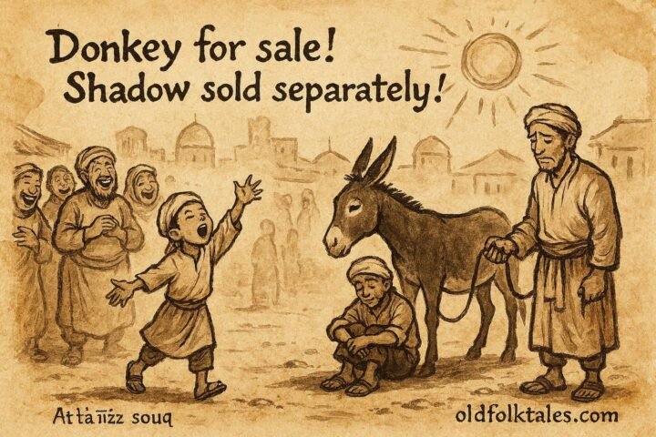 Parchment-style illustration of a Yemeni boy selling a donkey’s shadow in the Ta'izz marketplace.