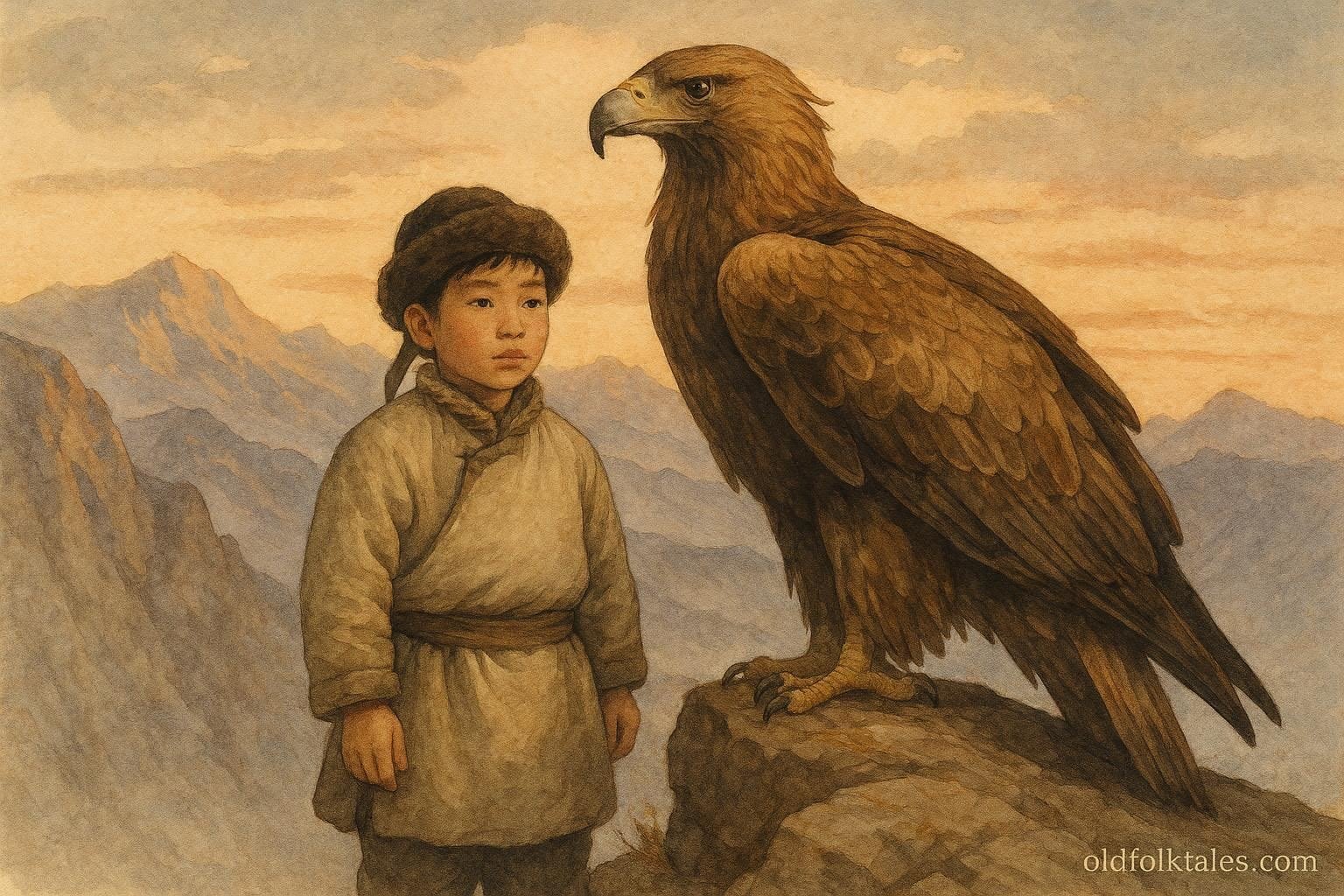 A Mongolian boy standing next to a giant eagle on a cliff in the Altai Mountains at sunrise.