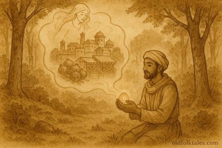 Parchment-style artwork of Hamid holding a glowing stone with memory spirit visions of Kabul.