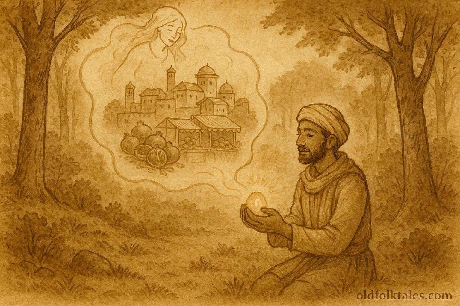 Parchment-style artwork of Hamid holding a glowing stone with memory spirit visions of Kabul.