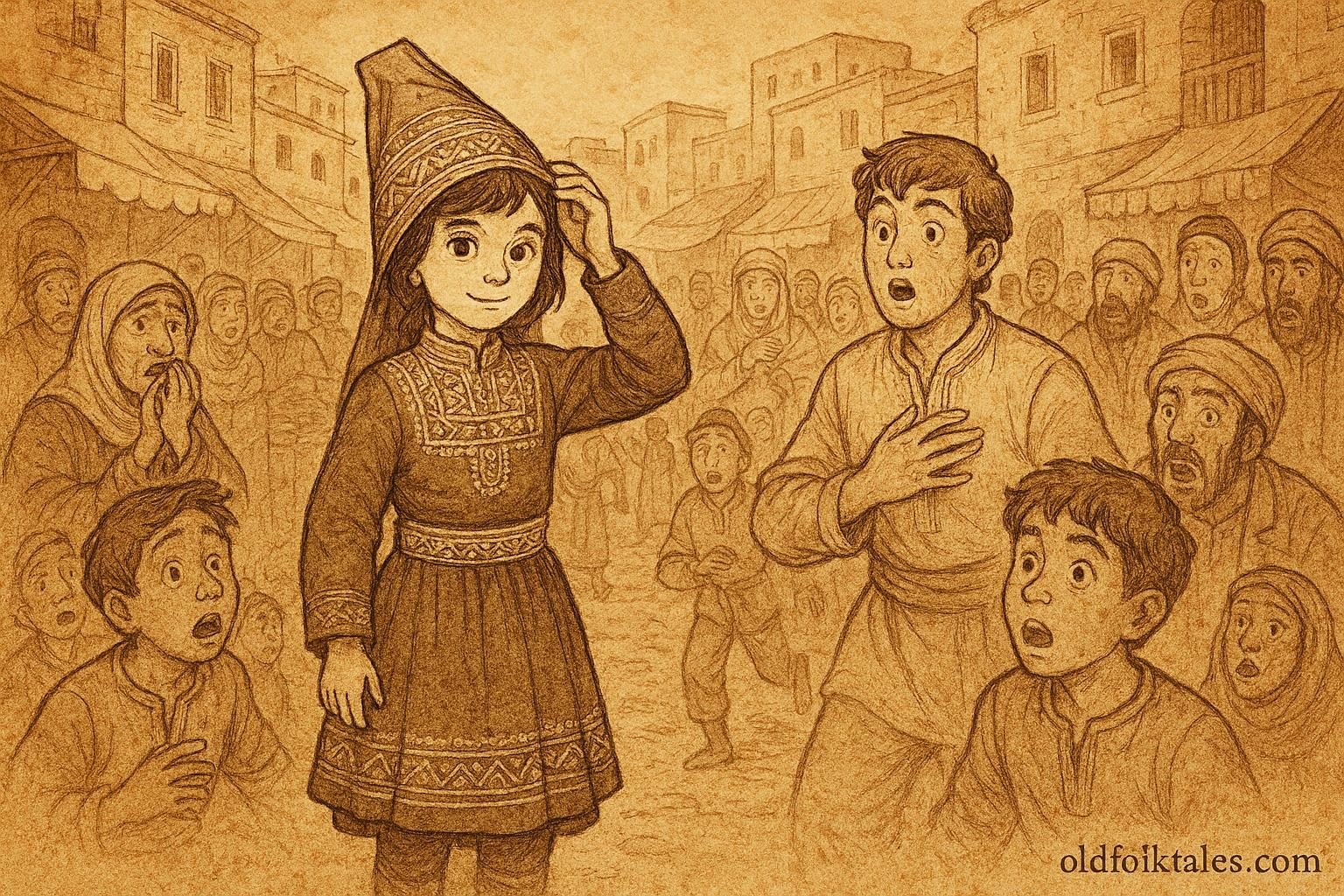 Parchment-style illustration of Sami revealing his disguise in a Syrian folktale market scene.