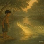 A friendly, glowing mythical crocodile rises from a calm mangrove river to greet a brave young Thai bo