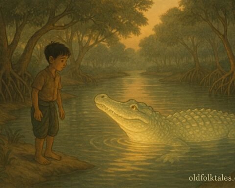 A friendly, glowing mythical crocodile rises from a calm mangrove river to greet a brave young Thai bo