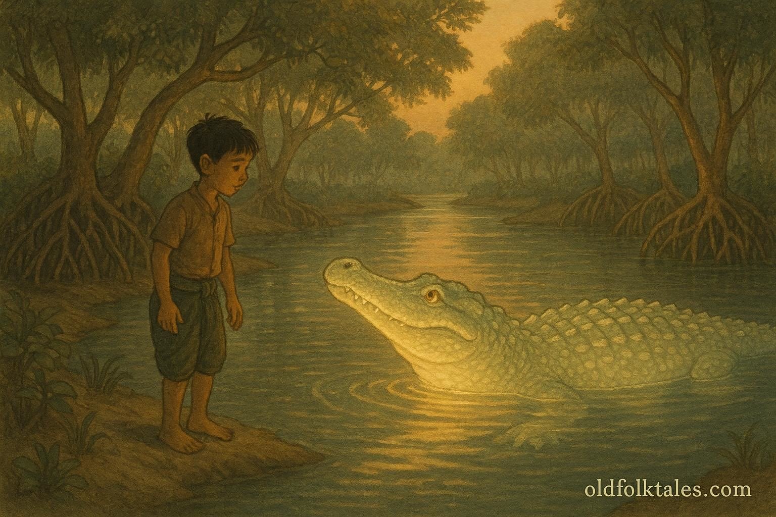 A friendly, glowing mythical crocodile rises from a calm mangrove river to greet a brave young Thai bo