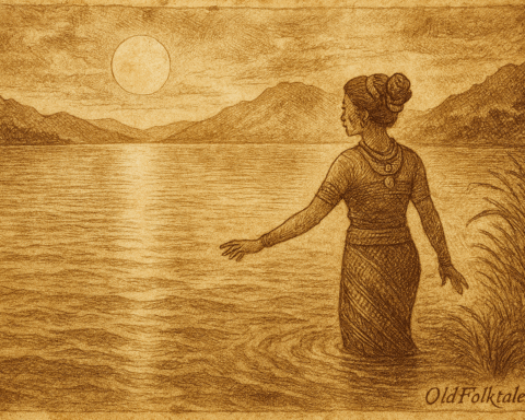 Sepia-toned illustration of a woman in traditional attire standing in a lake, facing a mountainous horizon with a large sun or moon overhead. She extends one arm toward the water, surrounded by tall grass on the shore. The scene evokes folklore and serenity, with “OldFolktales.com” text in the corner.