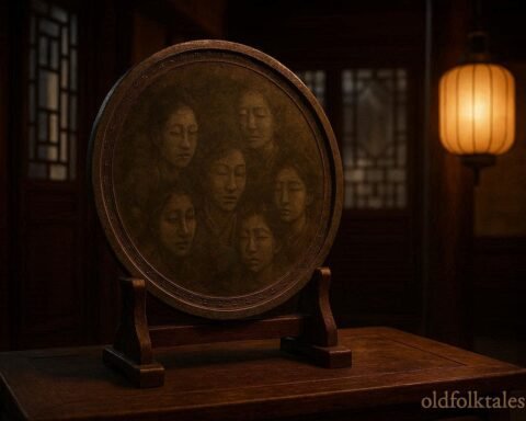 An ancient bronze mirror in a Jiangnan hall reflects distorted faces, symbolizing truth, moral consequence, and self reflection in Chinese folklore.