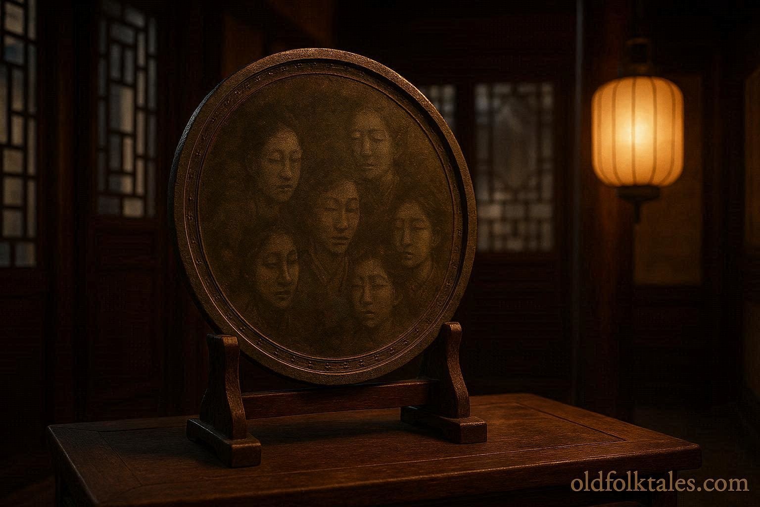 An ancient bronze mirror in a Jiangnan hall reflects distorted faces, symbolizing truth, moral consequence, and self reflection in Chinese folklore.
